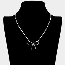 Load image into Gallery viewer, White Textured Metal Bow Pendant Pointed Pearl Station Necklace
