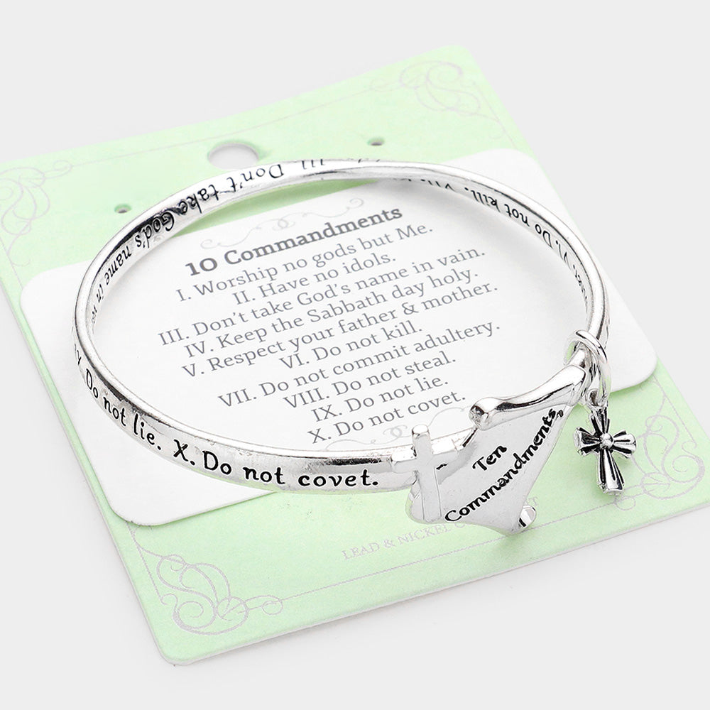 Silver Ten Commandment Metal Cross Charm Message Bangle Bracelet