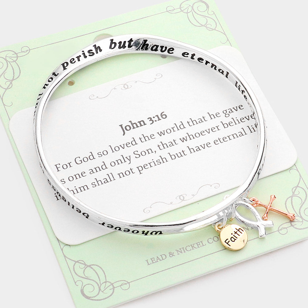 Three Tone John 3:16 Cross Ichthys Charm Message Bangle Bracelet