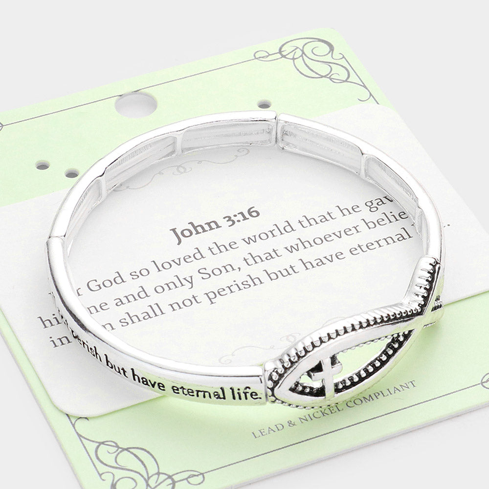 Silver John 3:16 Message Fish Cross Metal Stretch Bracelet