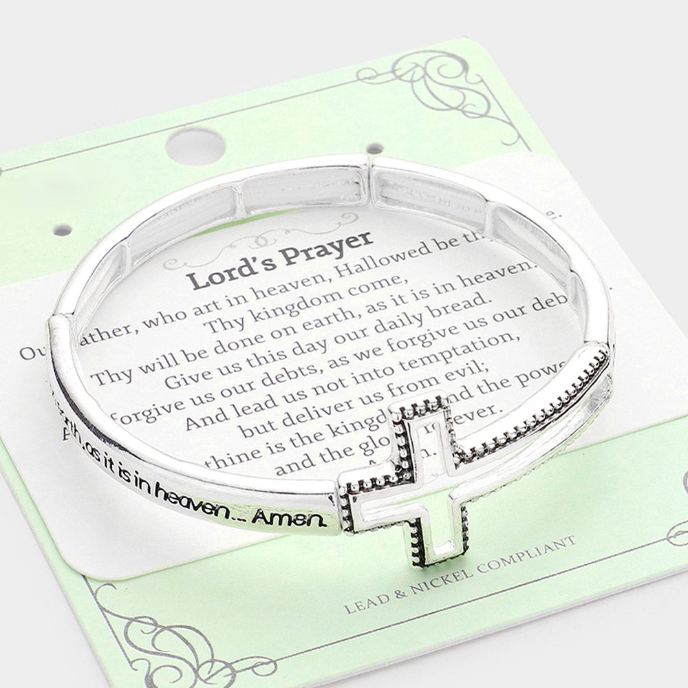 Silver Lord's Prayer Message Open Cross Metal Stretch Bracelet