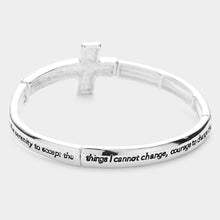 Load image into Gallery viewer, Silver Serenity Prayer Message Hammered Cross Metal Stretch Bracelet
