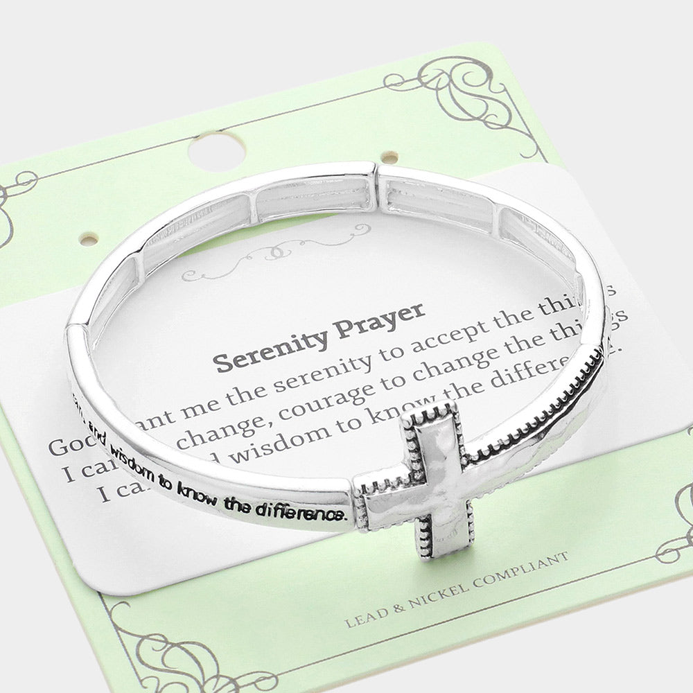 Silver Serenity Prayer Message Hammered Cross Metal Stretch Bracelet