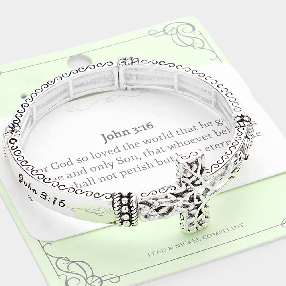 Silver John 3:16 Message Tree of Life Cross Metal Stretch Bracelet