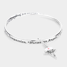 Load image into Gallery viewer, Silver Nurse RN Pin Charm Message Bangle Bracelet
