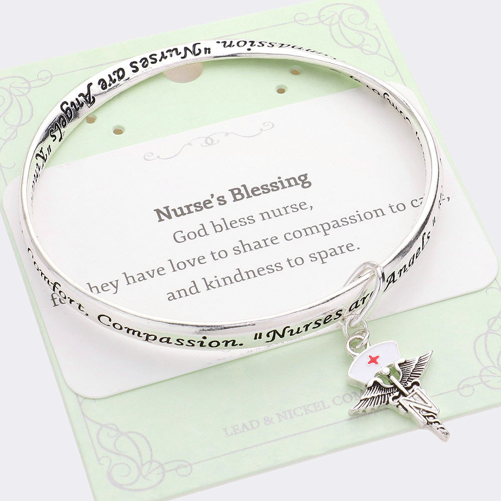 Silver Nurse RN Pin Charm Message Bangle Bracelet