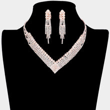 Load image into Gallery viewer, Rose Gold Crystal V Shape Collar Necklace Clip on Earring Set Rhinestone Paved
