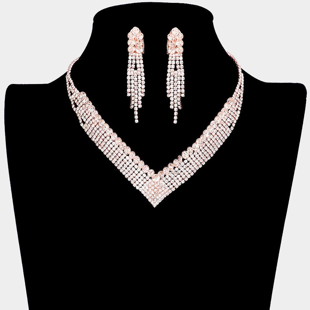 Rose Gold Crystal V Shape Collar Necklace Clip on Earring Set Rhinestone Paved