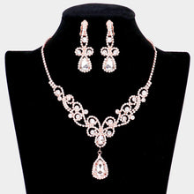 Load image into Gallery viewer, Rose Gold Teardrop Crystal Rhinestone Vine Drop Collar Necklace Clip on Earring Set
