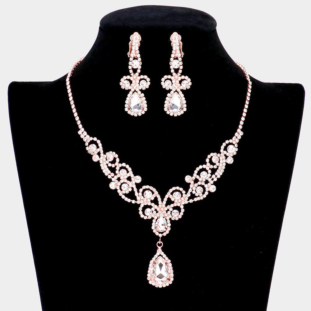 Rose Gold Teardrop Crystal Rhinestone Vine Drop Collar Necklace Clip on Earring Set