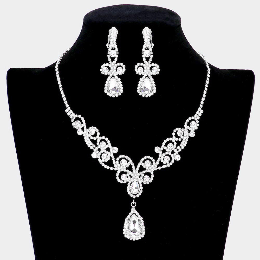 Silver Teardrop Crystal Rhinestone Vine Drop Collar Necklace Clip on Earring Set