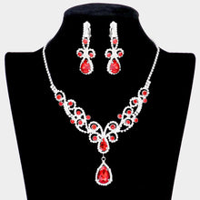 Load image into Gallery viewer, Red Teardrop Crystal Rhinestone Vine Drop Collar Necklace Clip on Earring Set
