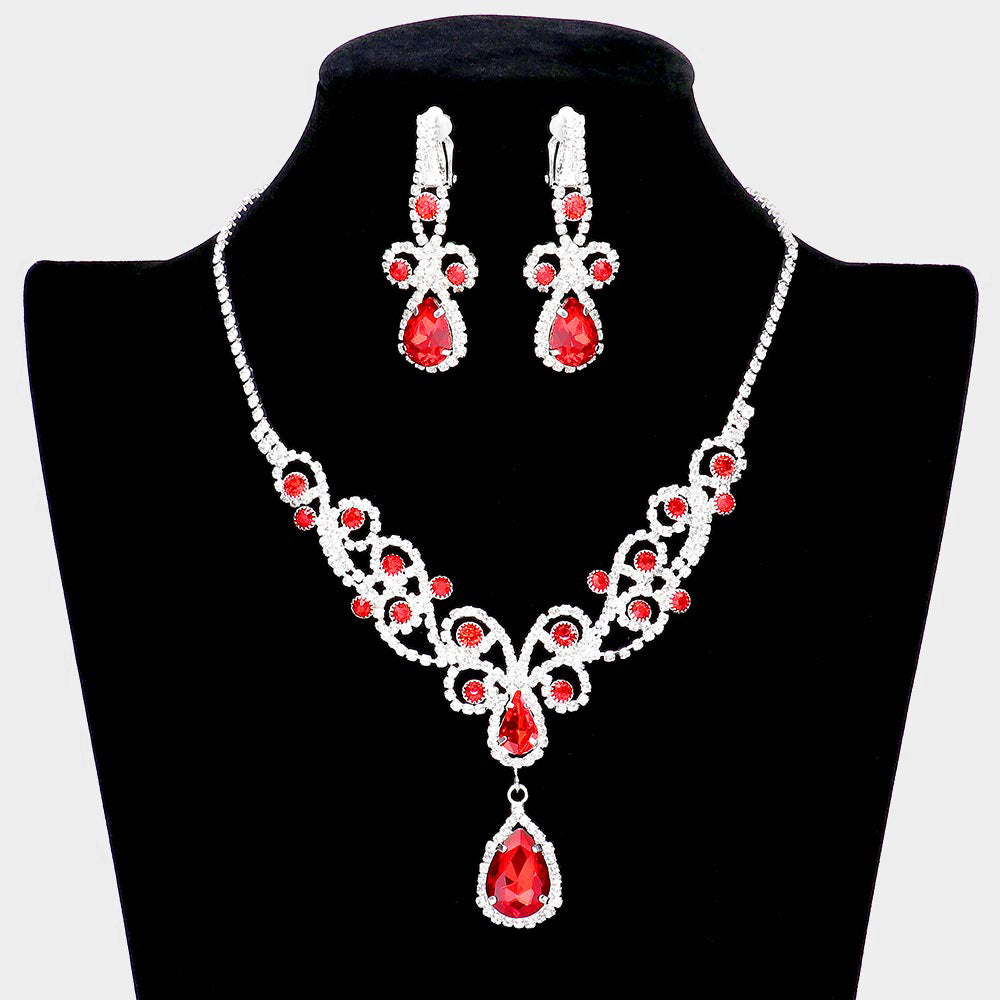 Red Teardrop Crystal Rhinestone Vine Drop Collar Necklace Clip on Earring Set