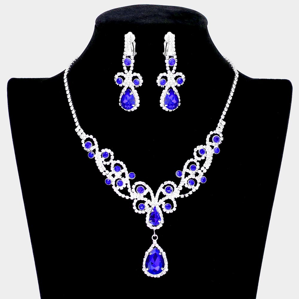 Teardrop Crystal Rhinestone Vine Drop Collar Necklace Clip on Earring Set