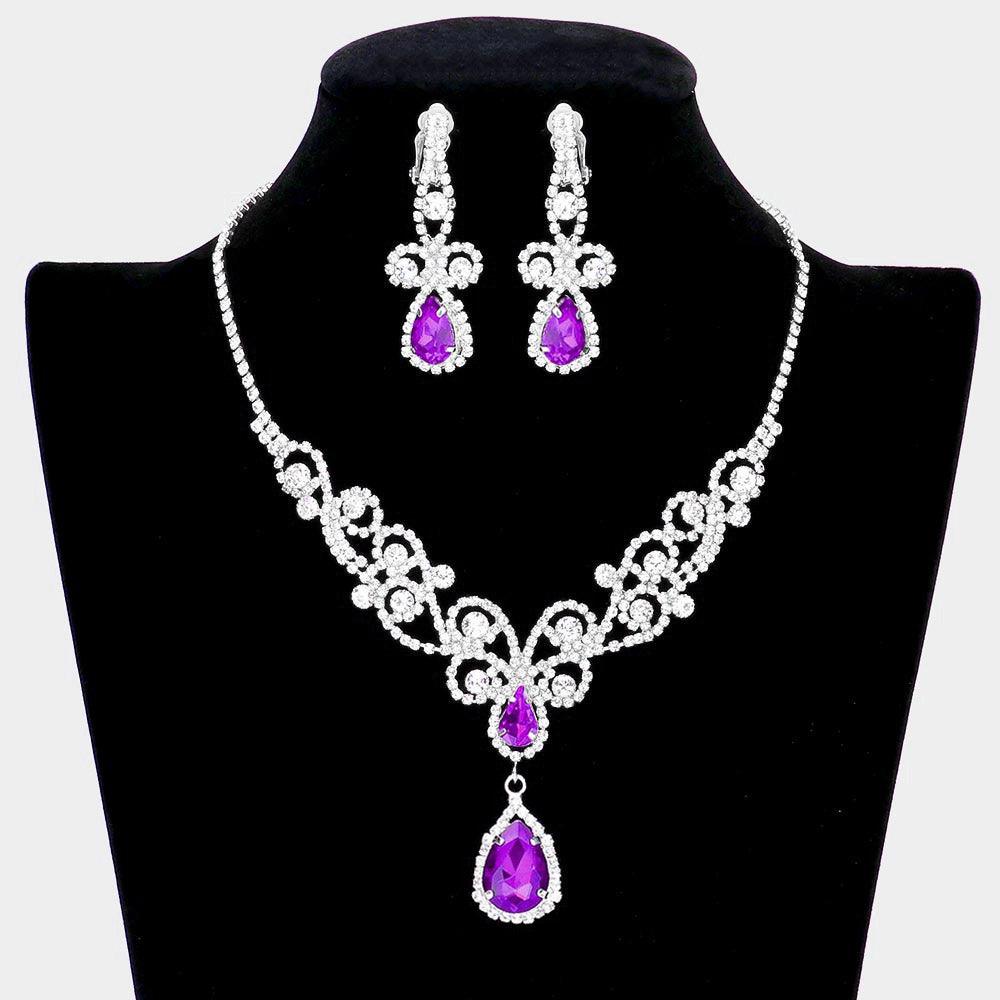 Purple Teardrop Crystal Rhinestone Vine Drop Collar Necklace