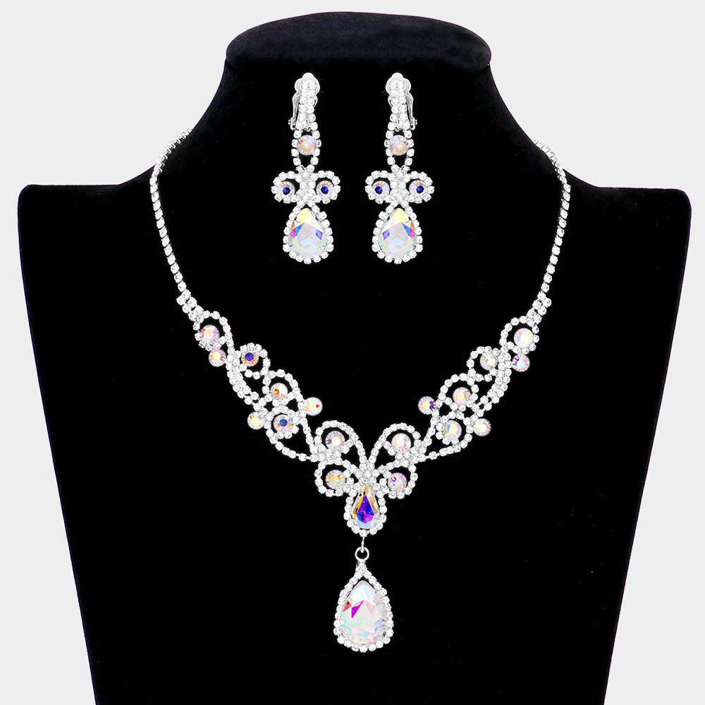 Silver Teardrop Crystal Rhinestone Vine Drop Collar Necklace