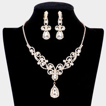 Load image into Gallery viewer, Gold Teardrop Crystal Rhinestone Vine Drop Collar Necklace Clip on Earring Set
