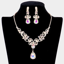 Load image into Gallery viewer, Gold Teardrop Crystal Rhinestone Vine Drop Collar Necklace Clip on Earring Set
