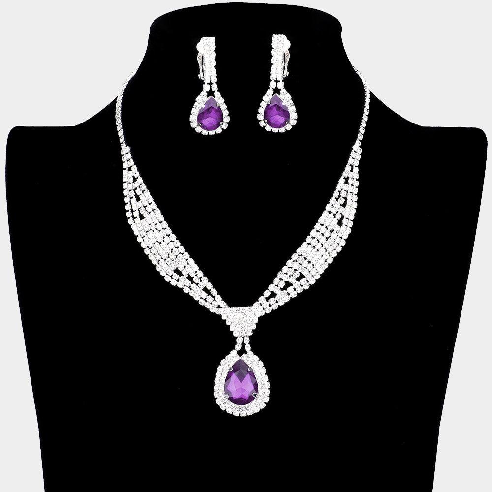 Teardrop Collar Necklace & Clip Earring Set Rhinestone Paved