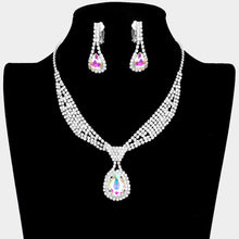 Load image into Gallery viewer, Silver Teardrop Collar Necklace &amp; Clip Earring Set Rhinestone Paved
