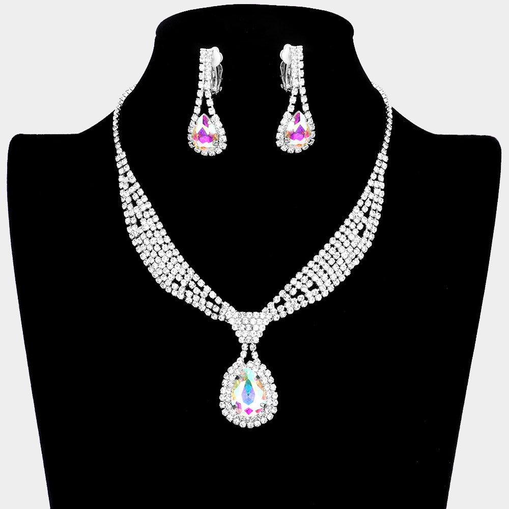 Silver Teardrop Collar Necklace & Clip Earring Set Rhinestone Paved