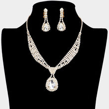 Load image into Gallery viewer, Gold Teardrop Collar Necklace &amp; Clip Earring Set Rhinestone Paved
