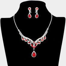 Load image into Gallery viewer, Red Teardrop Stone Accented Rhinestone Necklace Clip on Earring Set
