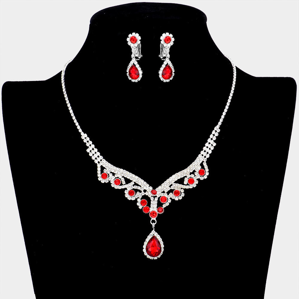 Red Teardrop Stone Accented Rhinestone Necklace Clip on Earring Set