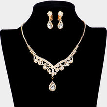 Load image into Gallery viewer, Gold Teardrop Stone Accented Rhinestone Necklace Clip on Earring Set
