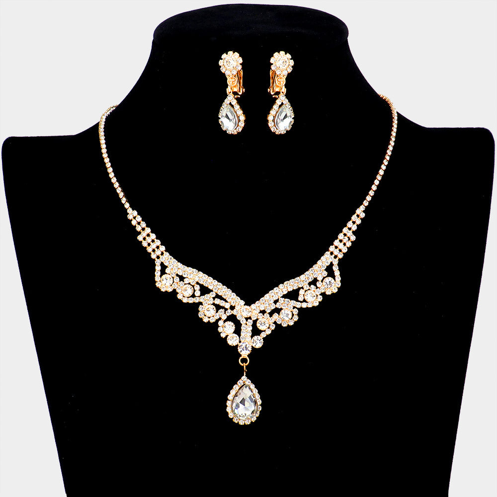 Gold Teardrop Stone Accented Rhinestone Necklace Clip on Earring Set