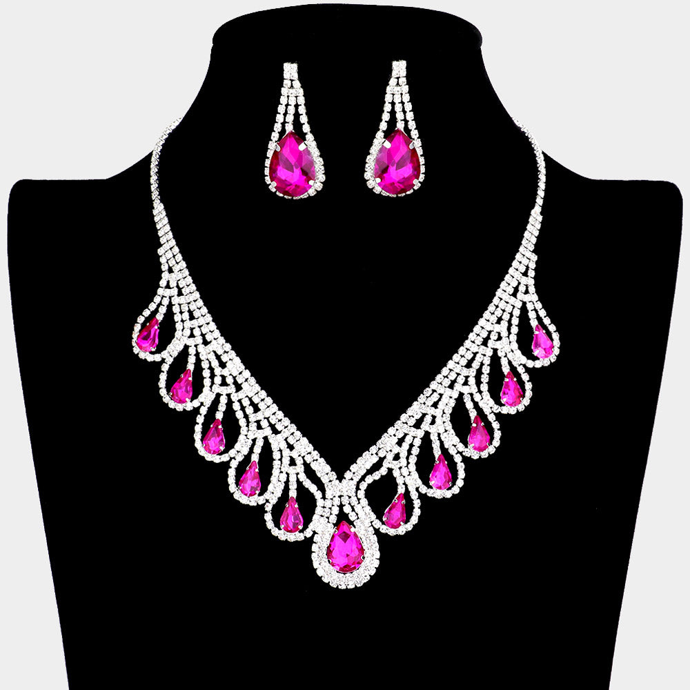 Silver Teardrop Crystal Rhinestone Collar Necklace