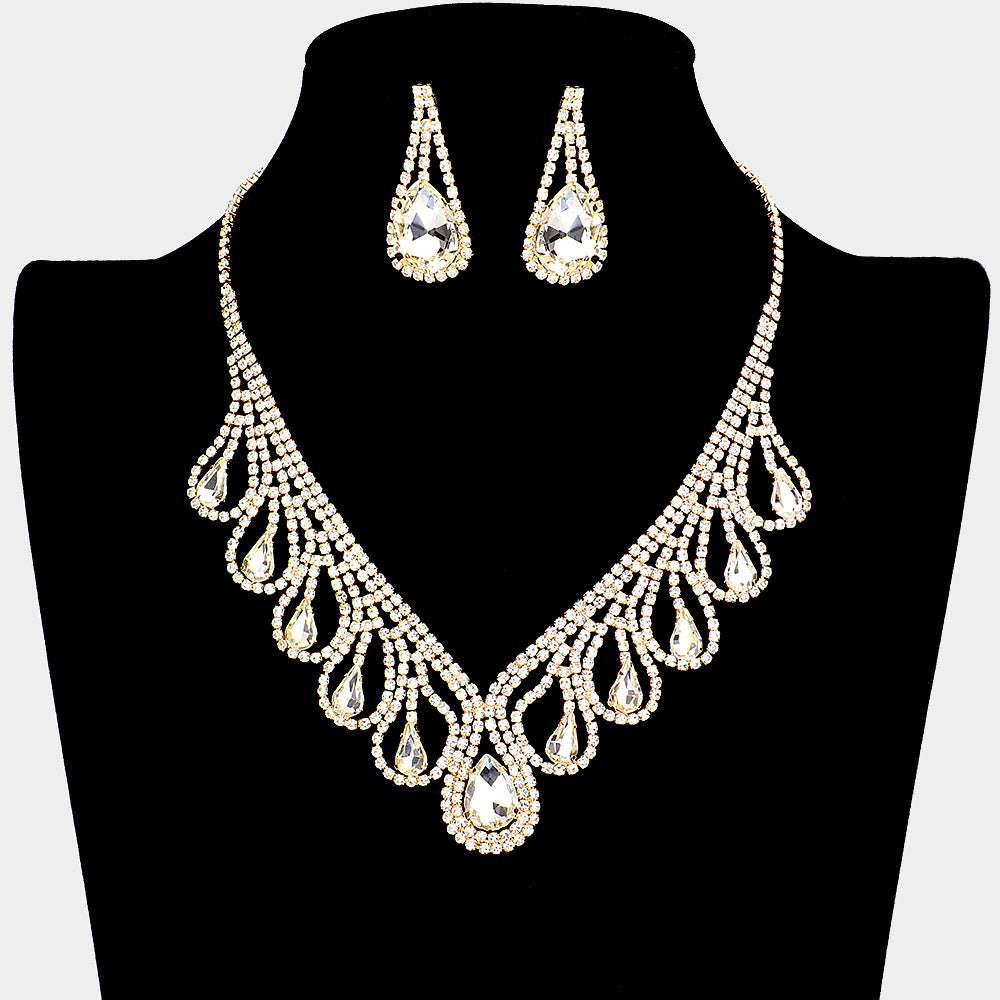 Silver Teardrop Crystal Rhinestone Collar Necklace