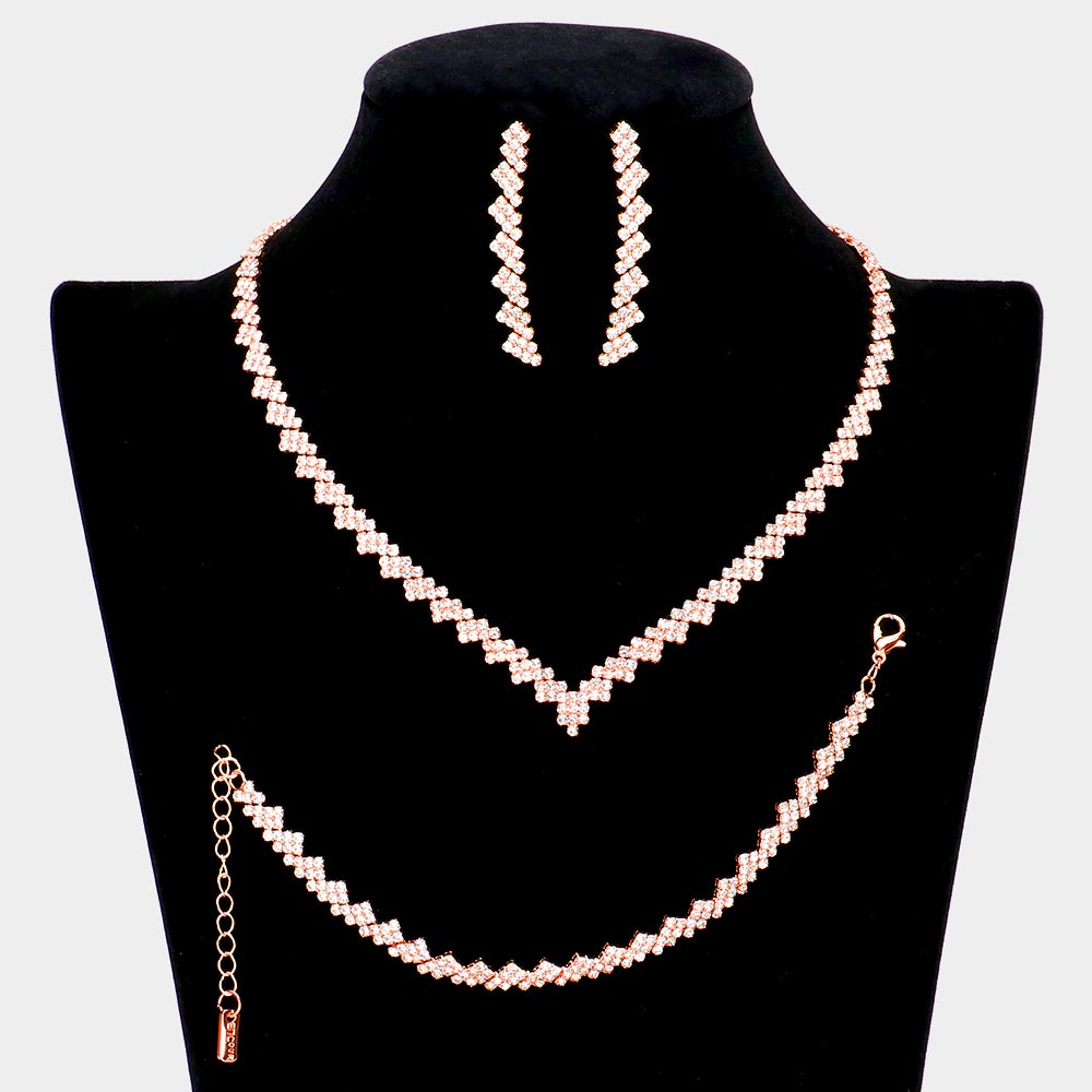 Rose Gold 3 Piece Necklace Jewelry Set Rhinestone Paved