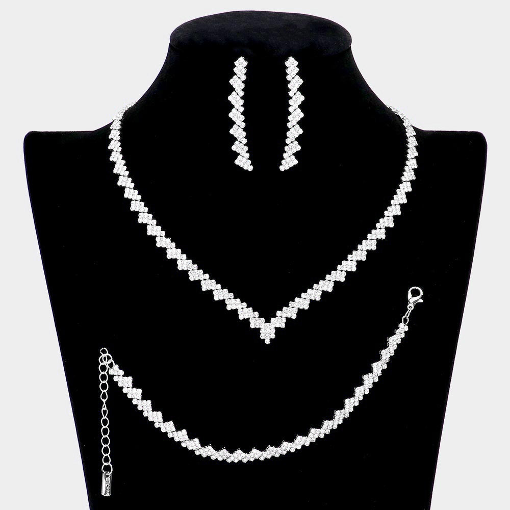 Silver 3 Piece Necklace Jewelry Set Rhinestone Paved