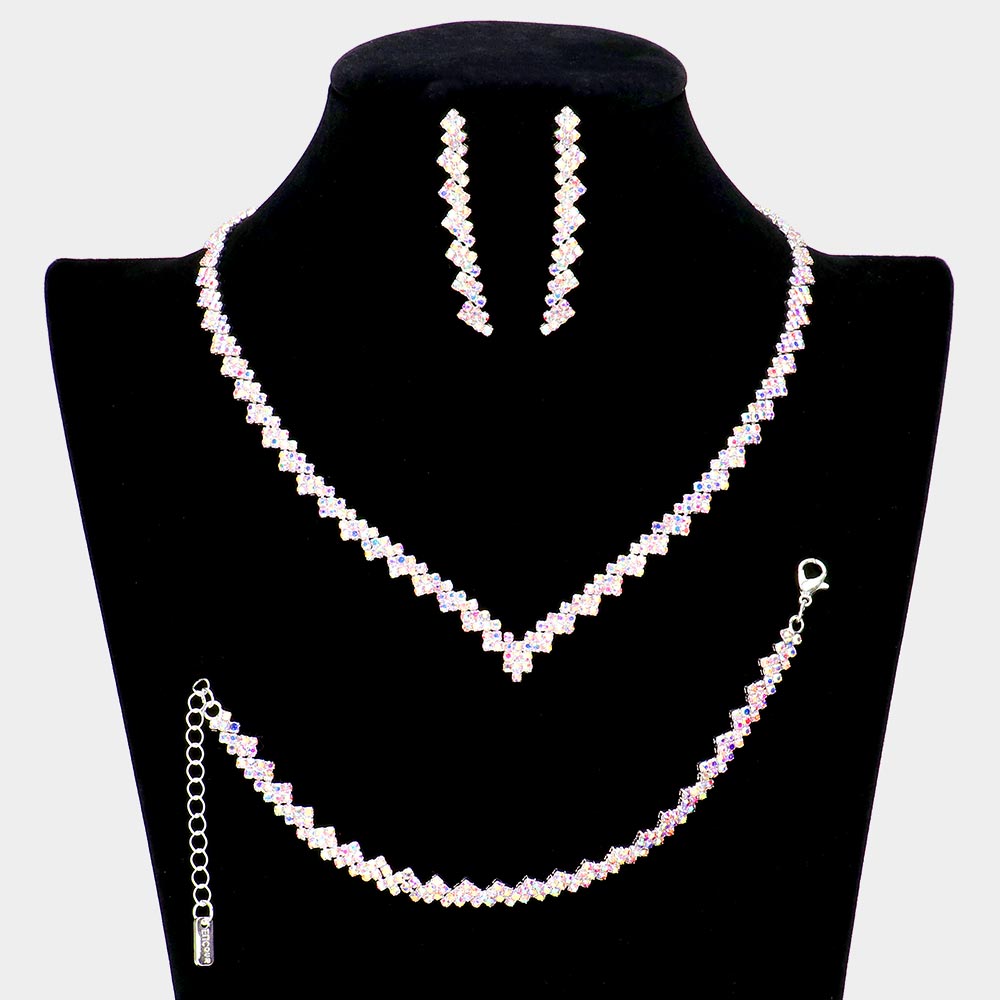 Silver 3 Piece Necklace Jewelry Set Rhinestone Paved