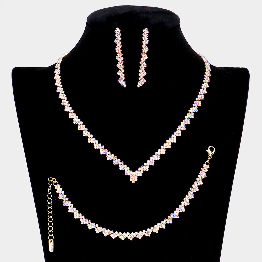 Gold 3 Piece Necklace Jewelry Set Rhinestone Paved