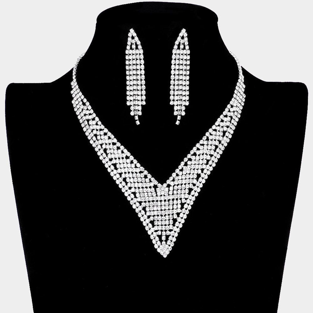 Silver V-Shape Collar Necklace Rhinestone Paved