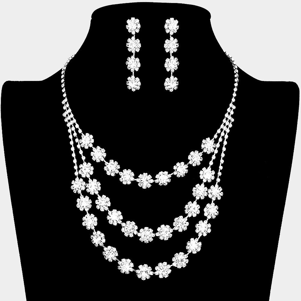 Silver Floral Rhinestone Triple Layered Bib Necklace