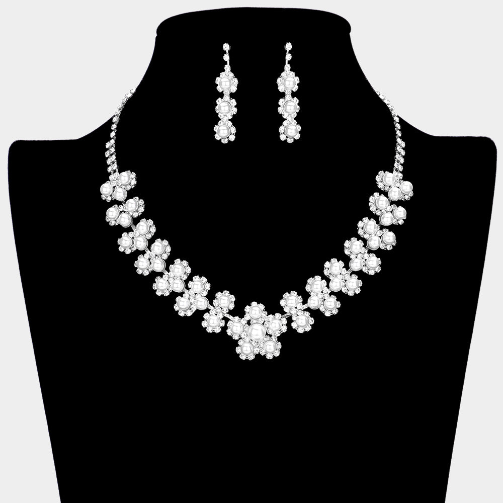 White Pearl Embellished Flower Accented Rhinestone Necklace