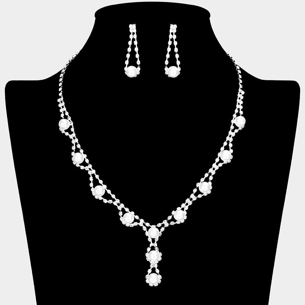 White Pearl Necklace Rhinestone Paved