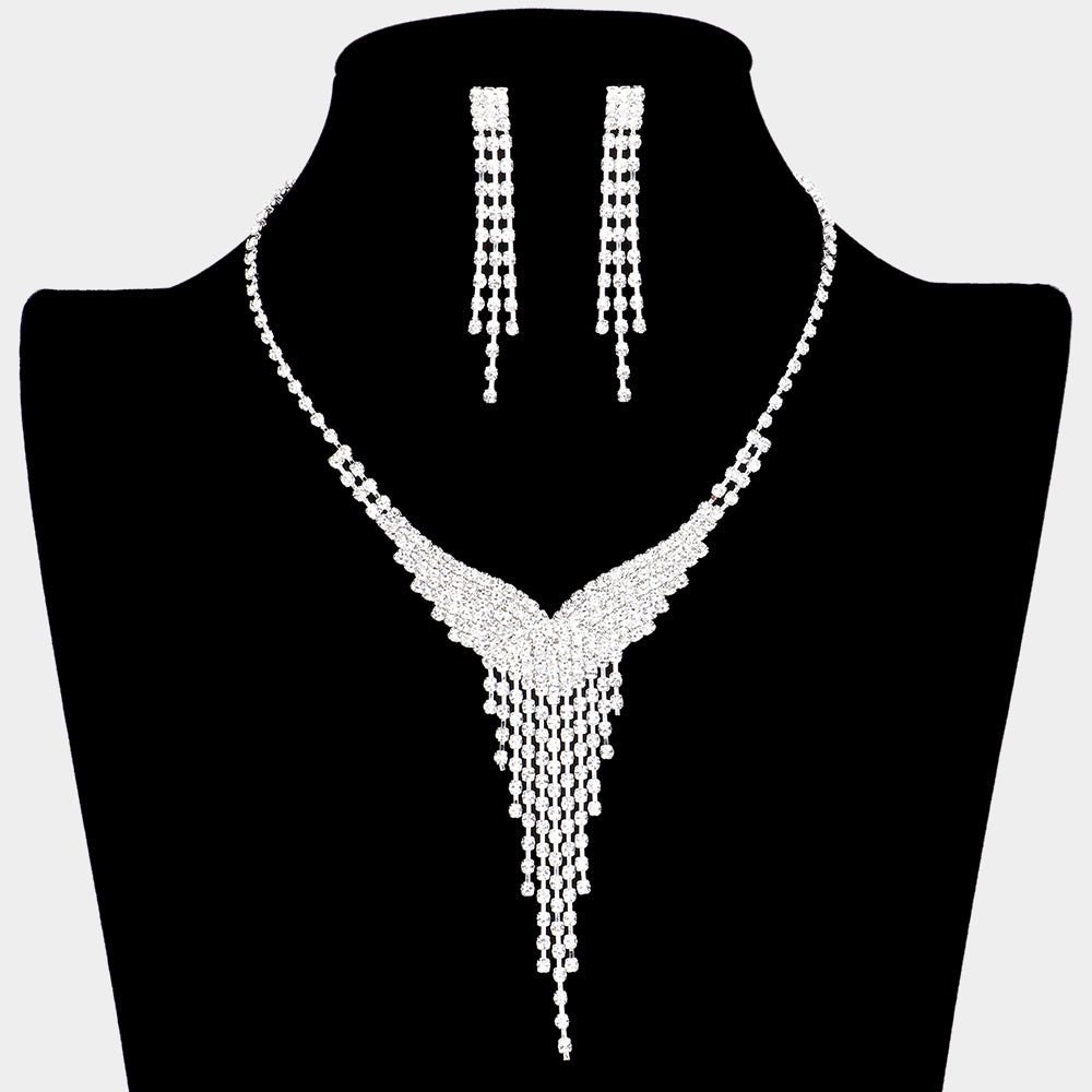 Silver Y Shaped Fringe Necklace Rhinestone Paved