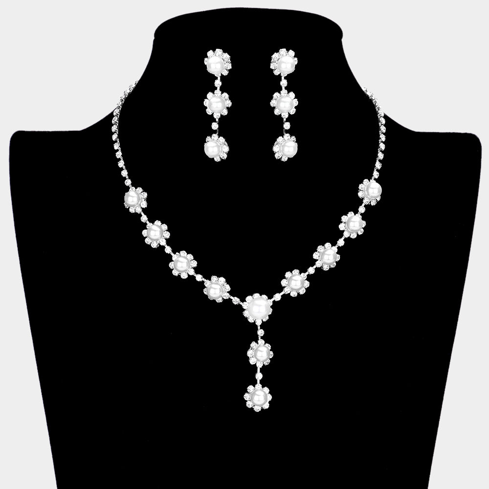 White Floral Pave Crystal Rhinestone Pearl Necklace