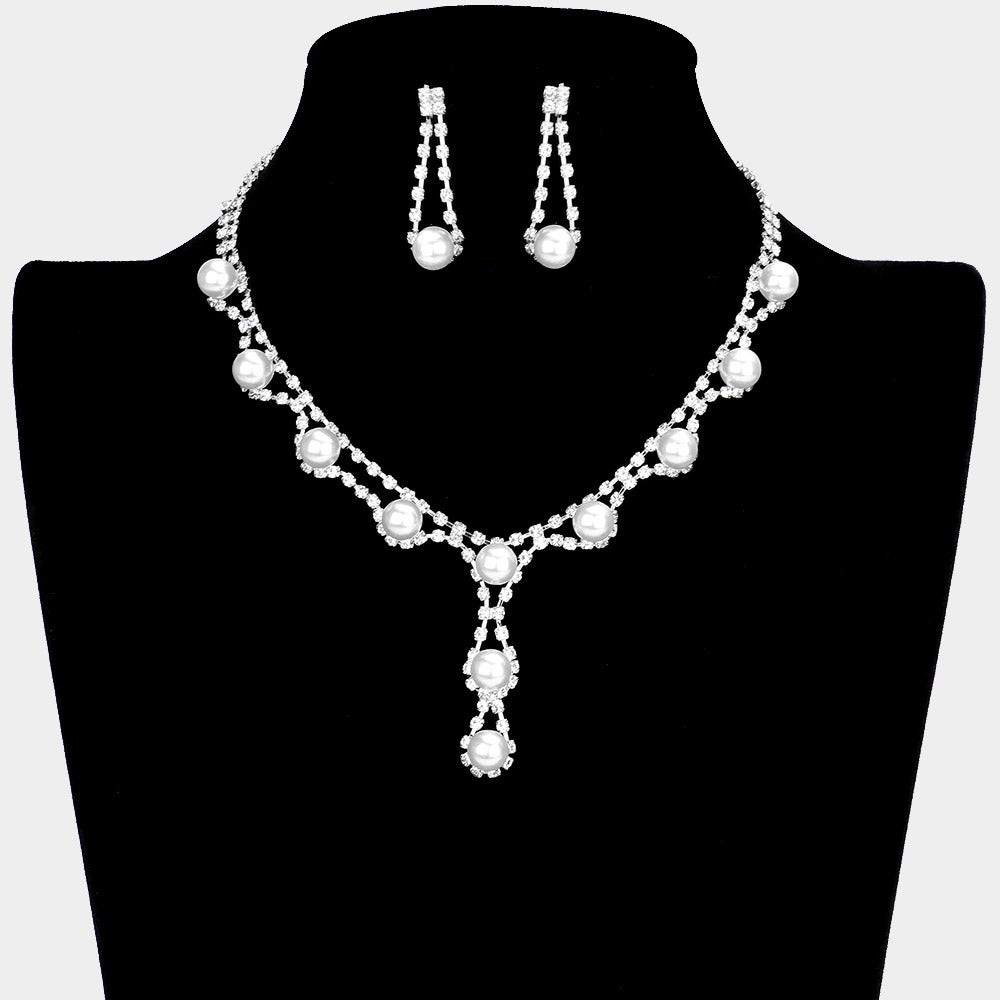 White Crystal Rhinestone Pearl Necklace