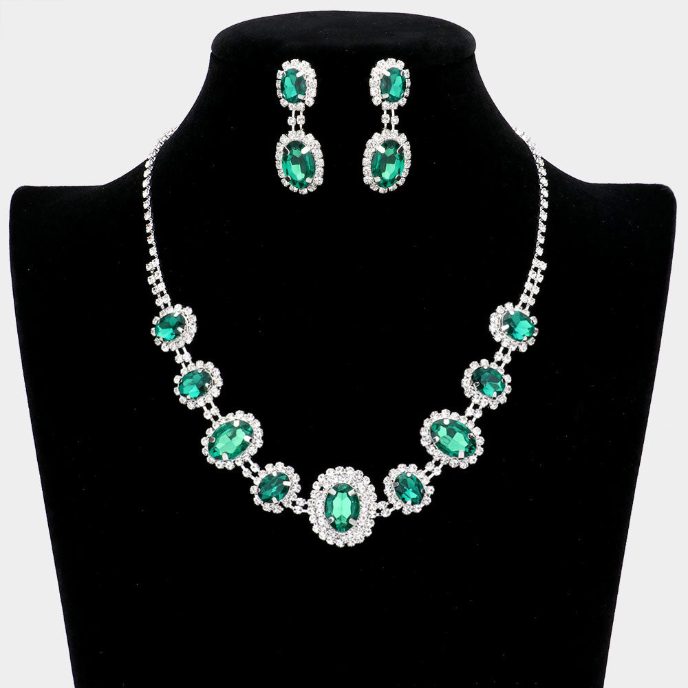 Emerald Oval Stone Accented Rhinestone Trimmed Necklace