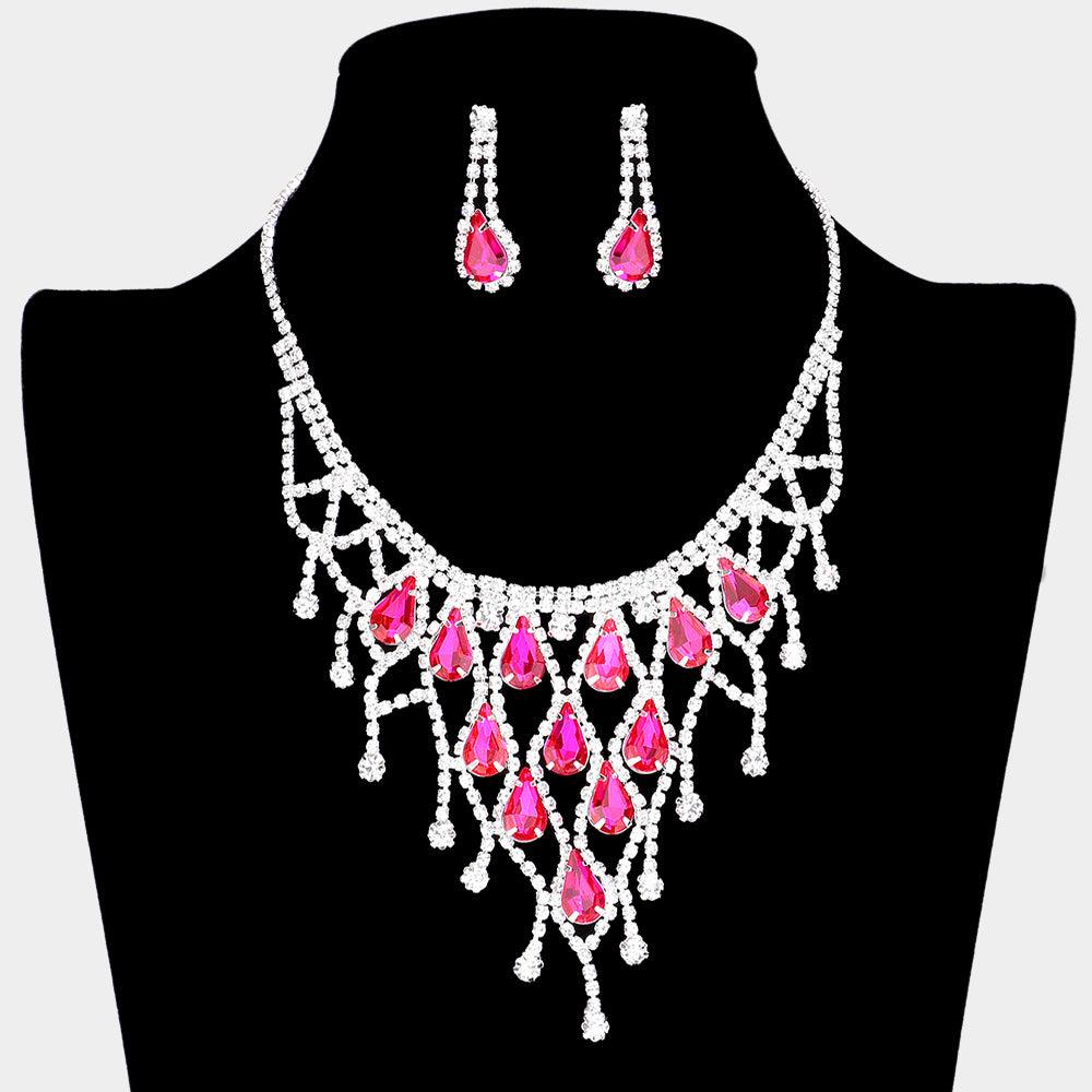 Red Crystal Teardrop Net Collar Necklace Rhinestone Paved