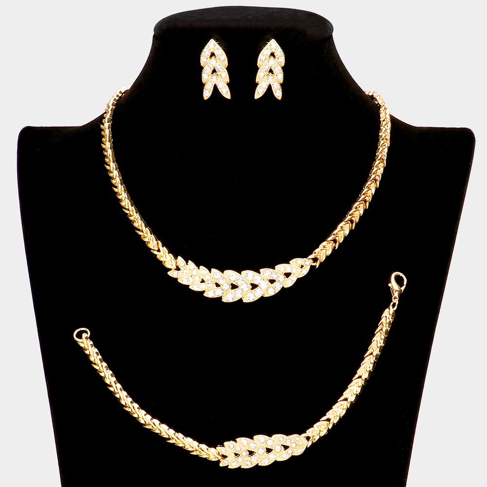 Gold 3 Piece Rhinestone Embellished Chevron Necklace Jewelry Set