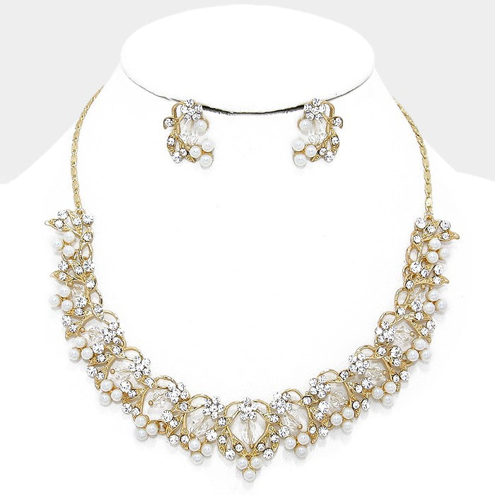 Gold Floral Crystal Rhinestone Pearl Necklace