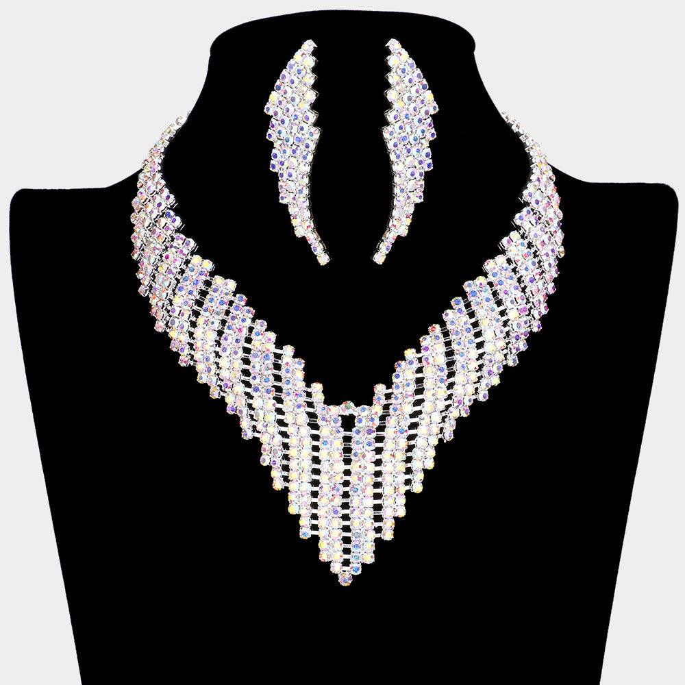 Silver Crystal Jagged Collar Evening Necklace Rhinestone Paved