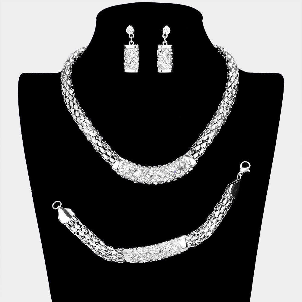 Silver 3 Piece Crystal Rhinestone Metal Mesh Necklace Jewelry Set