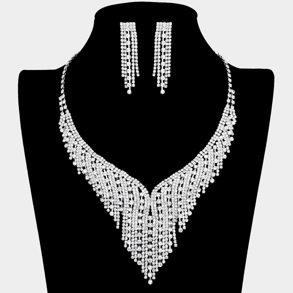 Silver Crystal Rhinestone V-Fringe Bib Necklace